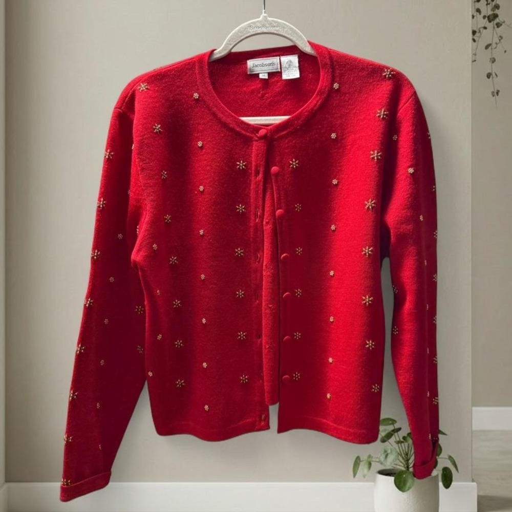 100% merino wool Red wool cardigan with gold snowflake embroidery